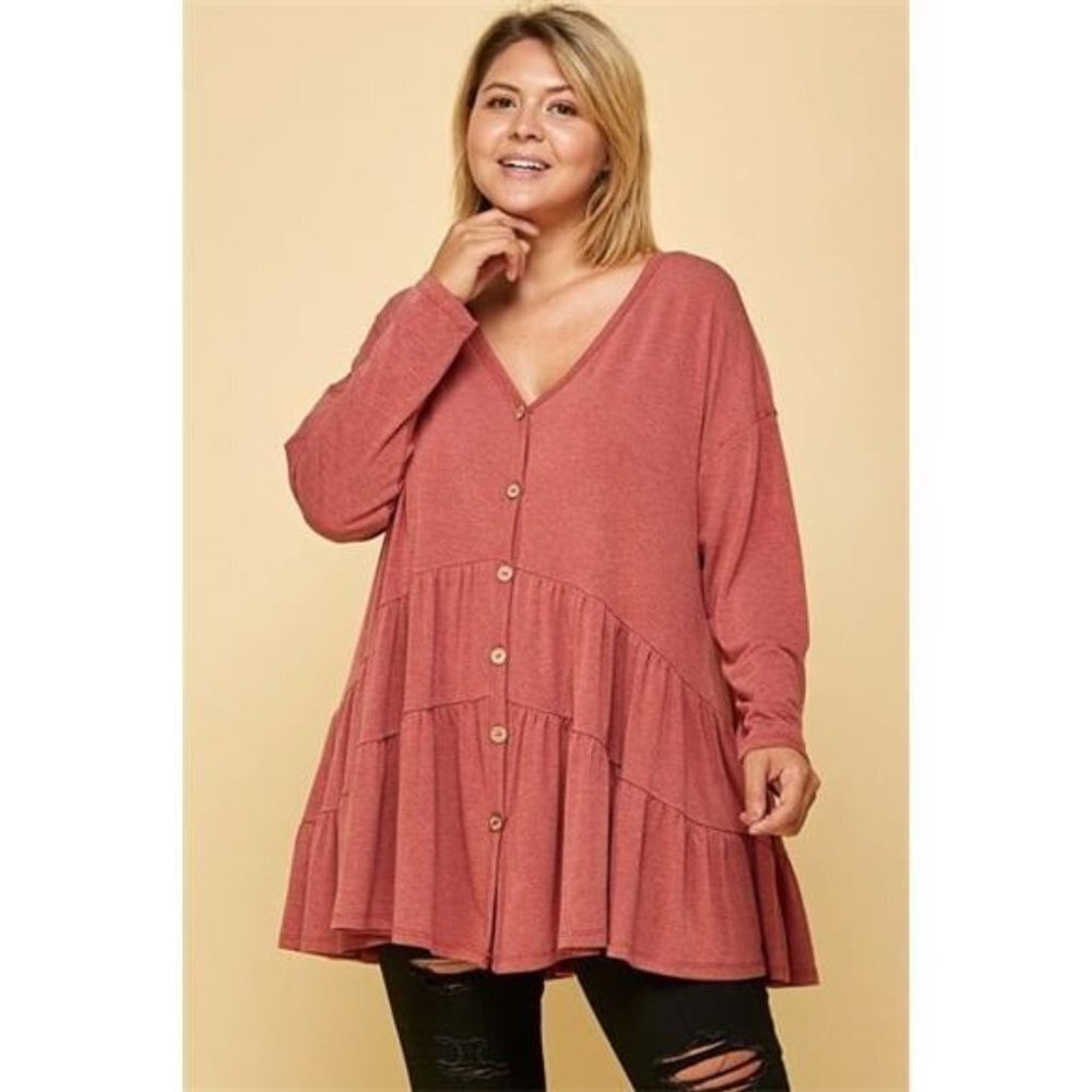 Solid Long Sleeves Button Up Swing Tunic Top With Ruched Detail- Made in USA